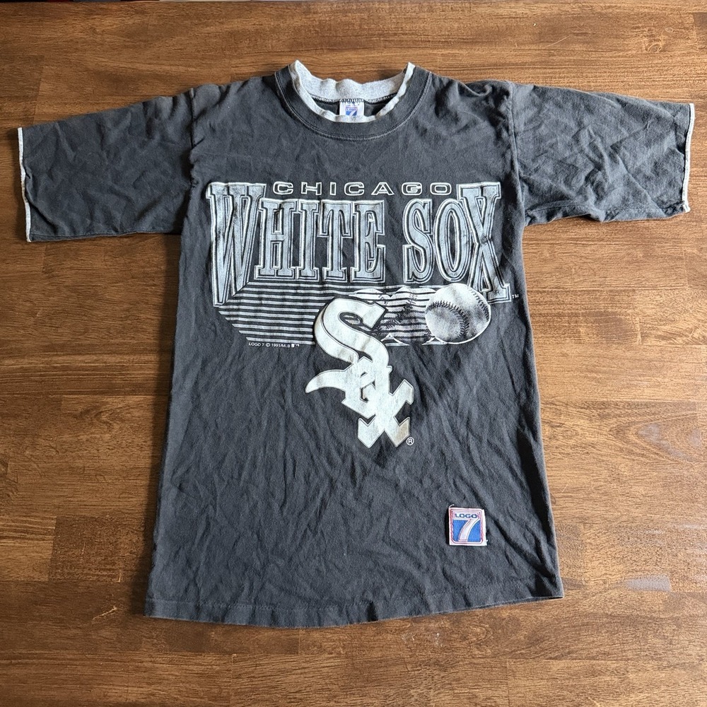 Vintage 1991 Chicago White Sox Shirt Logo 7 Double Collar Black MLB Mens Small